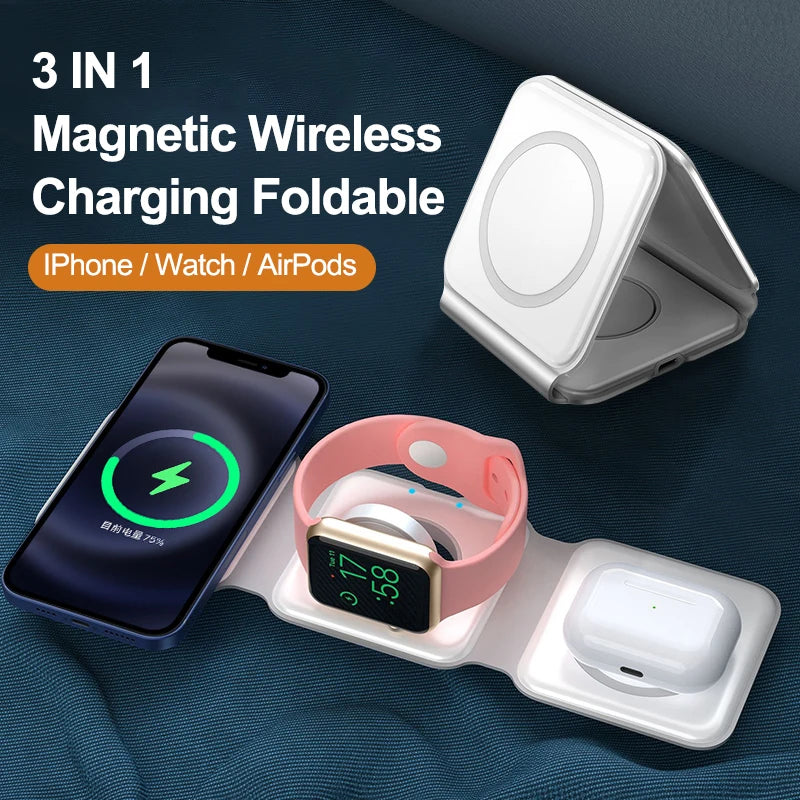 REMAX 15W Magnetic Wireless 14 Charger for Iphone 14promax 13 12  Apple Airpods Pro iWatch Portable Foldable Fast Charging Dock - Promo Pro Store