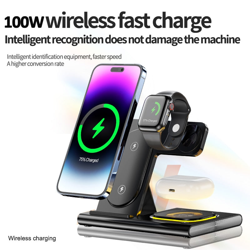 100W 3 In 1 Wireless Charger Stand Pad For iPhone 14 13 12 Pro Max 11 X Fast Charging Dock Station For Apple Watch 8 7 6 Airpods - Promo Pro Store