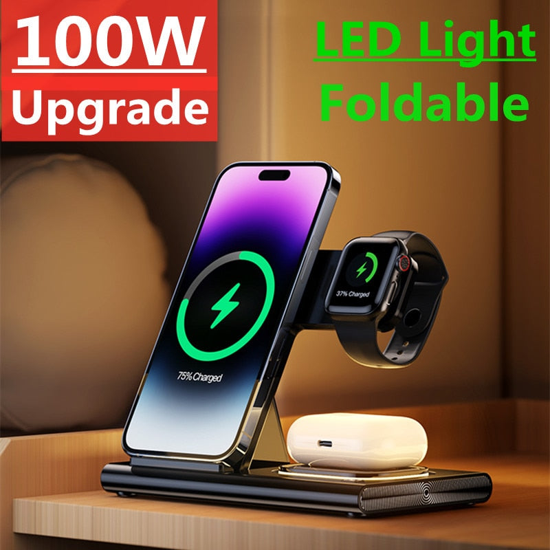 100W 3 In 1 Wireless Charger Stand Pad For iPhone 14 13 12 Pro Max 11 X Fast Charging Dock Station For Apple Watch 8 7 6 Airpods - Promo Pro Store