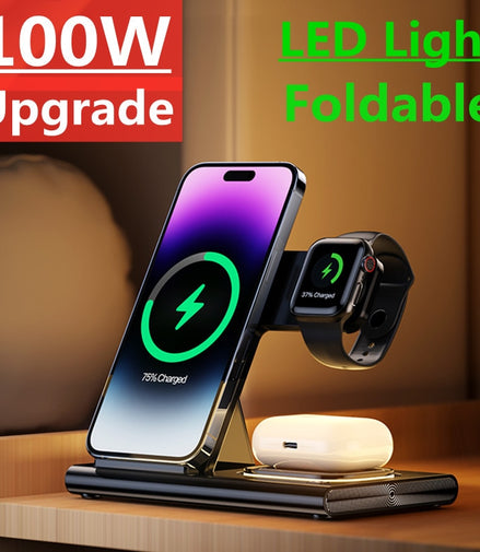 100W 3 In 1 Wireless Charger Stand Pad For iPhone 14 13 12 Pro Max 11 X Fast Charging Dock Station For Apple Watch 8 7 6 Airpods - Promo Pro Store